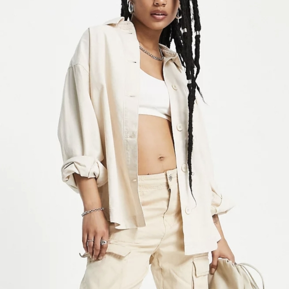 Topshop Petite oversized lightweight cotton shacket in ecru